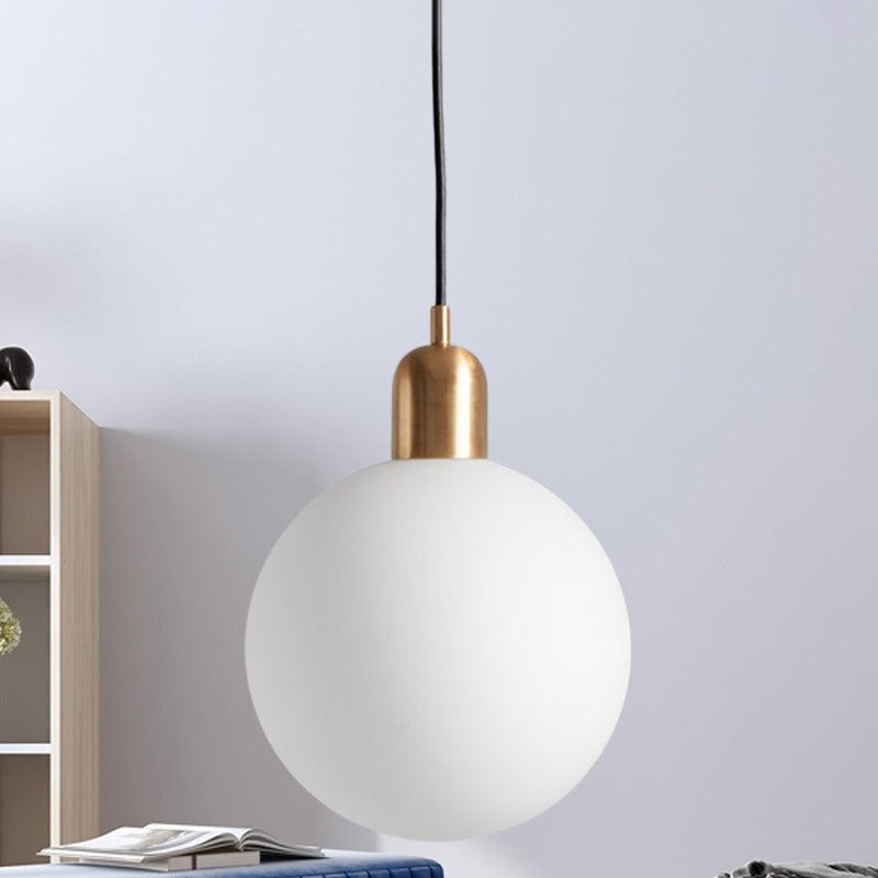 Simple Spherical Opal Glass Drop Pendant 1-Light Hanging Ceiling Light with Red/White/Green Cap