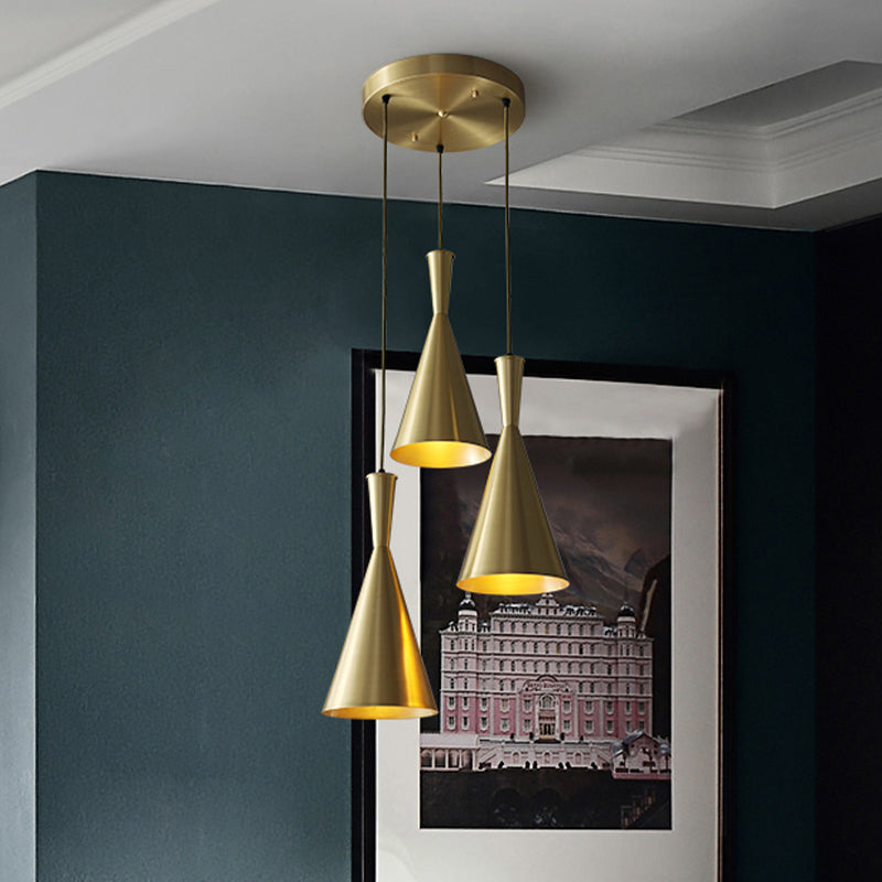 Black/Gold Finish Cluster Horn Pendant Antiqued Metal 3 Lights Kitchen Hanging Lamp with Round/Linear Canopy