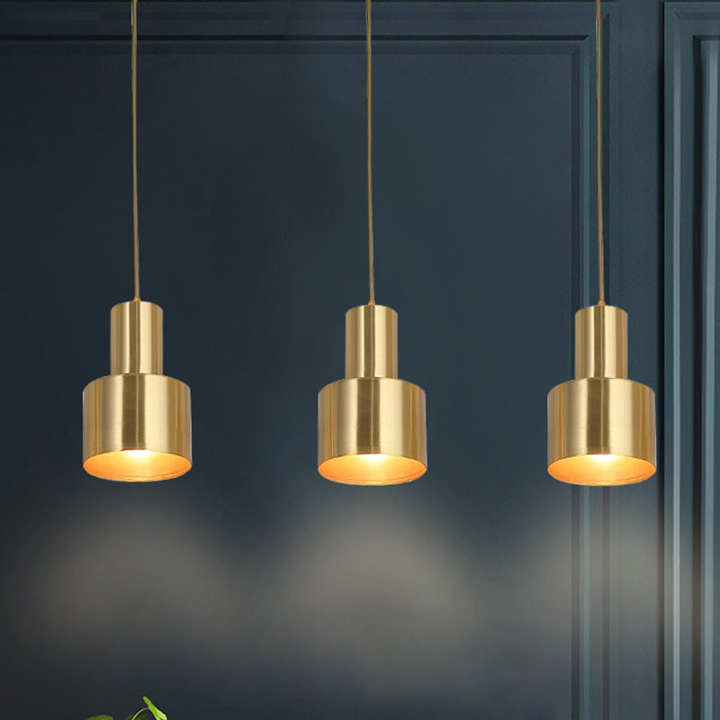 Metal Cylinder Suspension Lamp Colonial 3 Lights Kitchen Cluster Pendant Light in Gold with Linear/Round Canopy