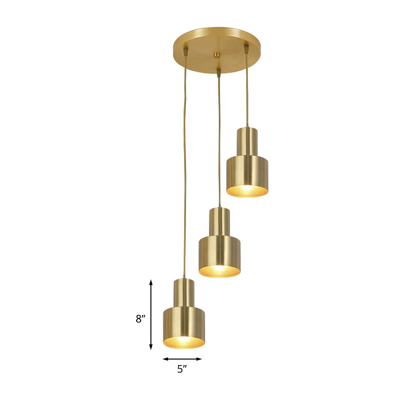 Metal Cylinder Suspension Lamp Colonial 3 Lights Kitchen Cluster Pendant Light in Gold with Linear/Round Canopy