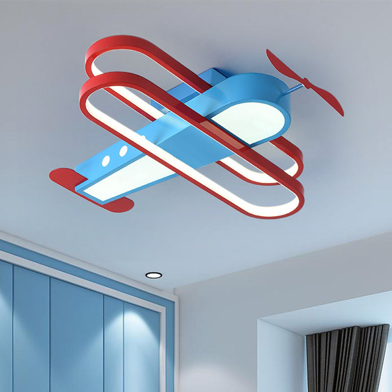 Aircraft Flush Mount Lighting Fixture Kids Metal 19.5"/26" Long LED Bedroom Ceiling Mounted Light in Blue