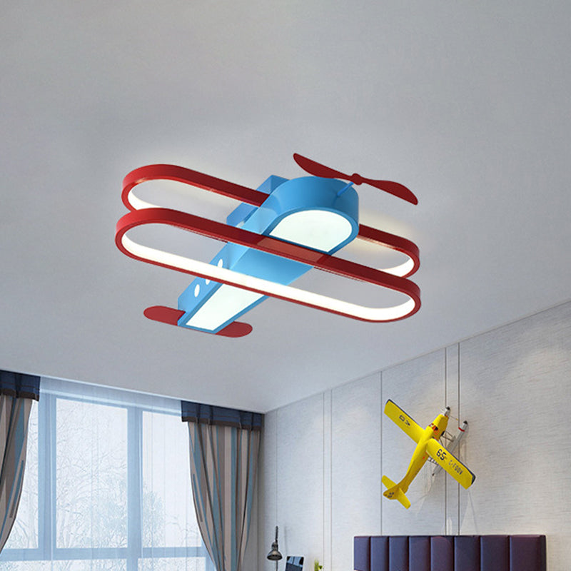 Aircraft Flush Mount Lighting Fixture Kids Metal 19.5"/26" Long LED Bedroom Ceiling Mounted Light in Blue