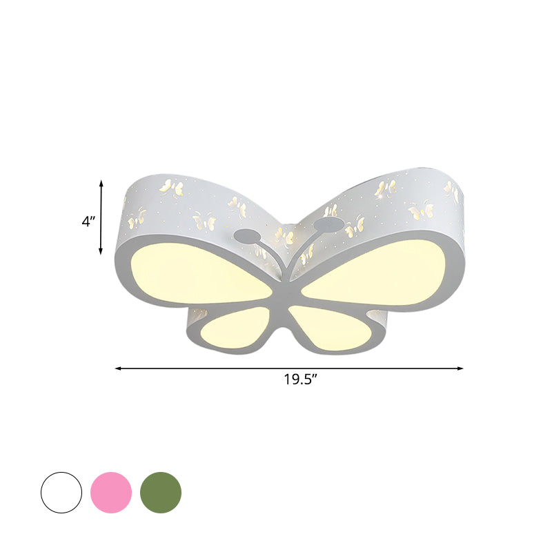 Metal Butterfly Flushmount Ceiling Lamp Kids 19.5"/23.5" W LED Flush Mount Lighting Fixture in Pink/White/Green