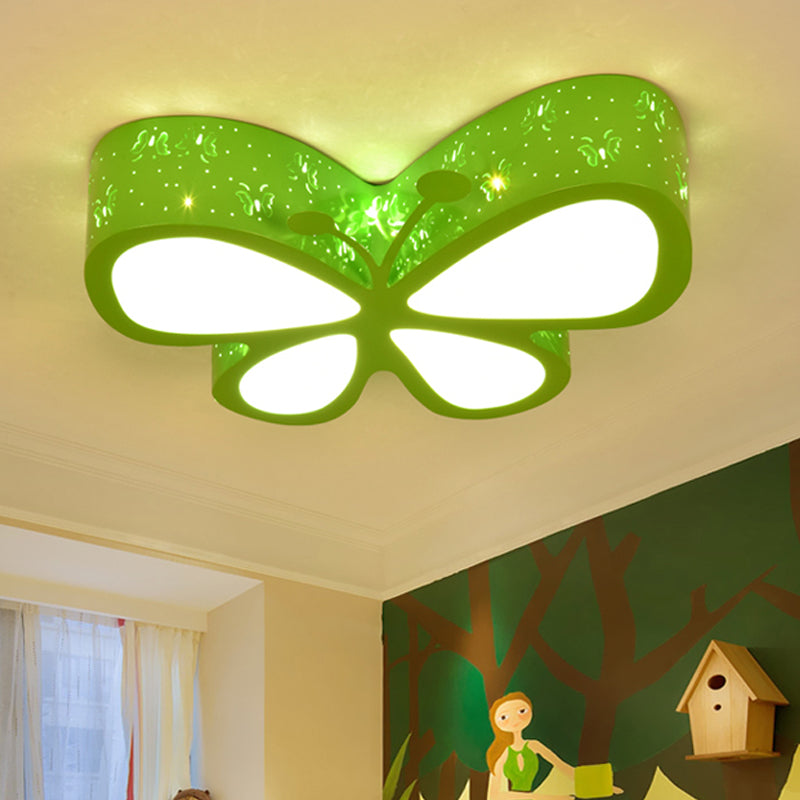 Metal Butterfly Flushmount Ceiling Lamp Kids 19.5"/23.5" W LED Flush Mount Lighting Fixture in Pink/White/Green