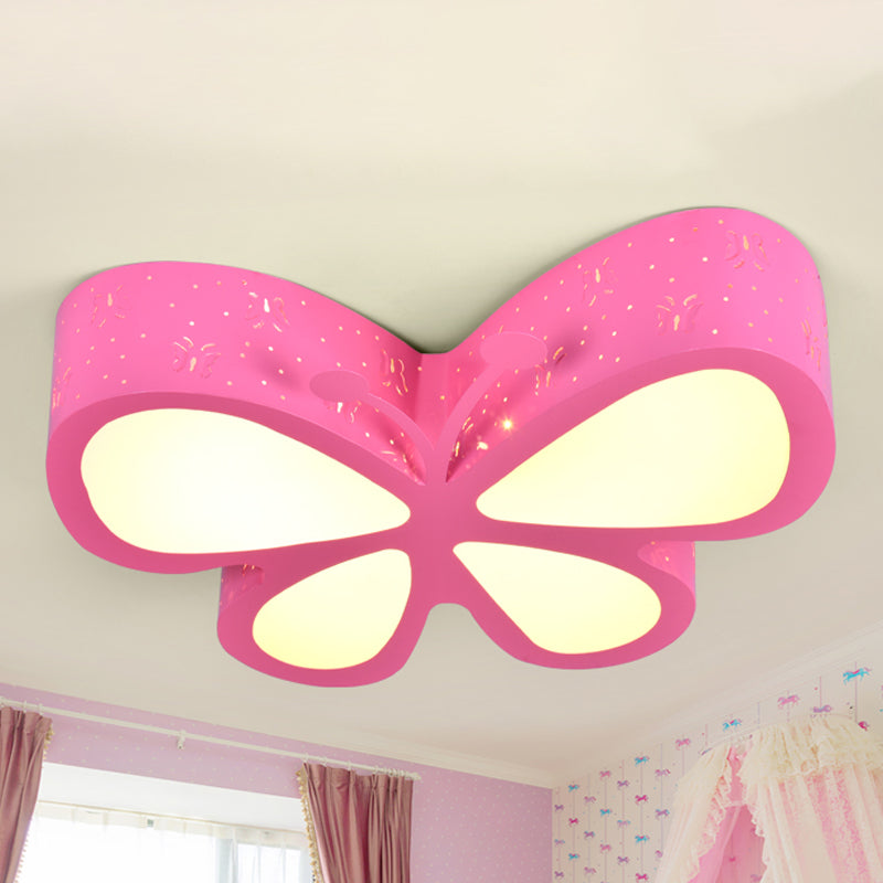 Metal Butterfly Flushmount Ceiling Lamp Kids 19.5"/23.5" W LED Flush Mount Lighting Fixture in Pink/White/Green