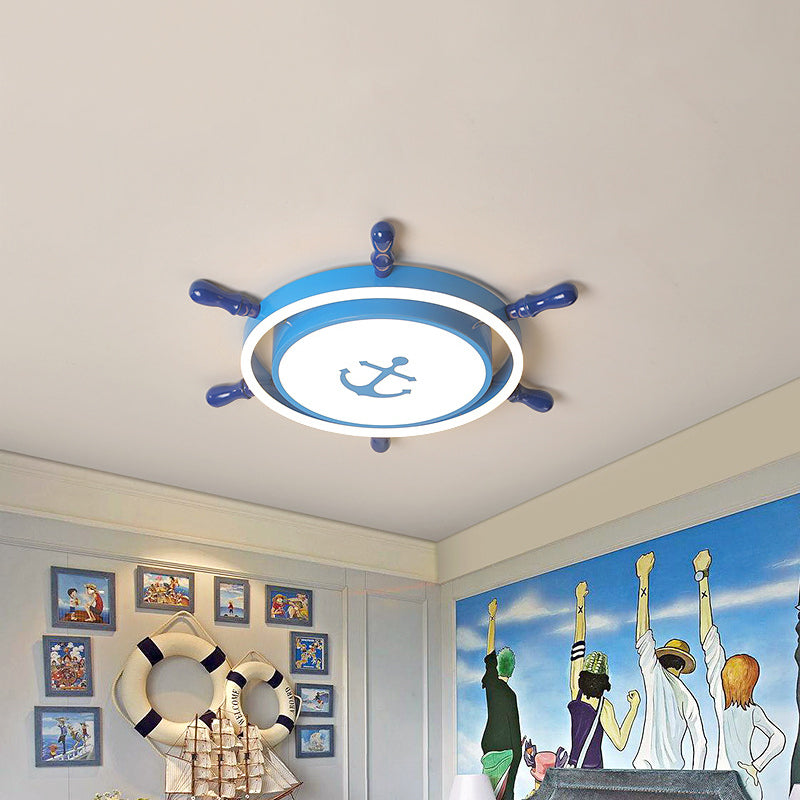 Mediterranean Rudder Iron Flush Light LED Flush Mount Lighting Fixture in Blue with Anchor Pattern