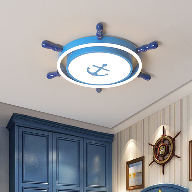Mediterranean Rudder Iron Flush Light LED Flush Mount Lighting Fixture in Blue with Anchor Pattern