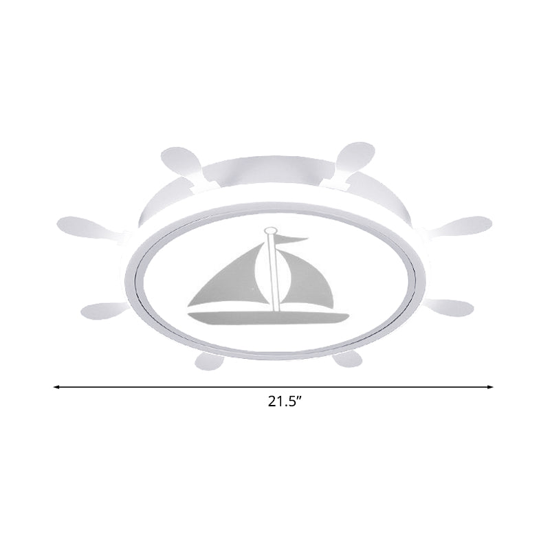 Rudder Flush-Mount Light Fixture Mediterranean Acrylic LED Bedroom Flushmount with Sailboat Pattern in Blue/White, 18"/21.5" W