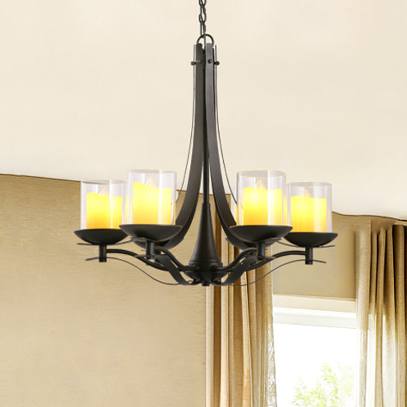 Cilinder helder glas kroonluchter lichtbeveiliging land 6-licht eetkamer metalen hanger lamp in zwart