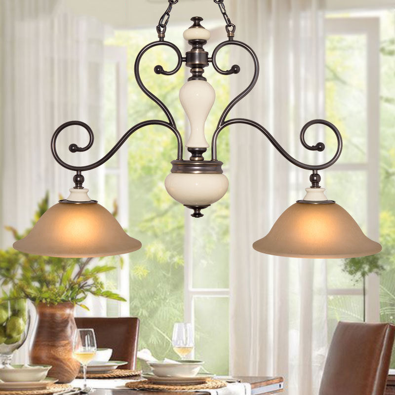 White Glass Black Island Lamp Flared 2 Heads Countryside Style Chandelier Light with Curvy Arm for Dining Room