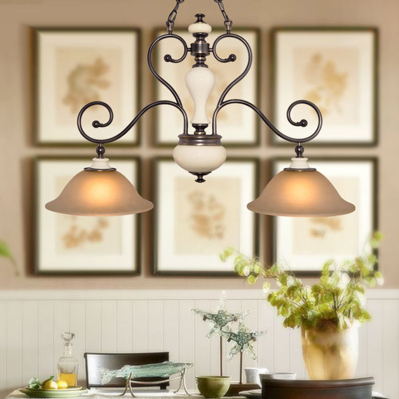 White Glass Black Island Lamp Flared 2 Heads Countryside Style Chandelier Light with Curvy Arm for Dining Room