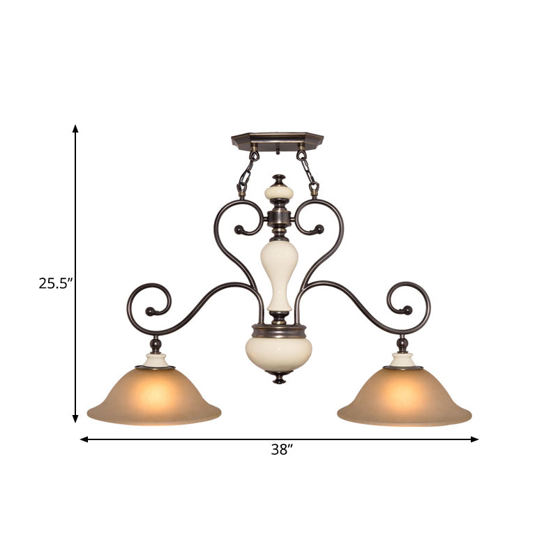 White Glass Black Island Lamp Flared 2 Heads Countryside Style Chandelier Light with Curvy Arm for Dining Room