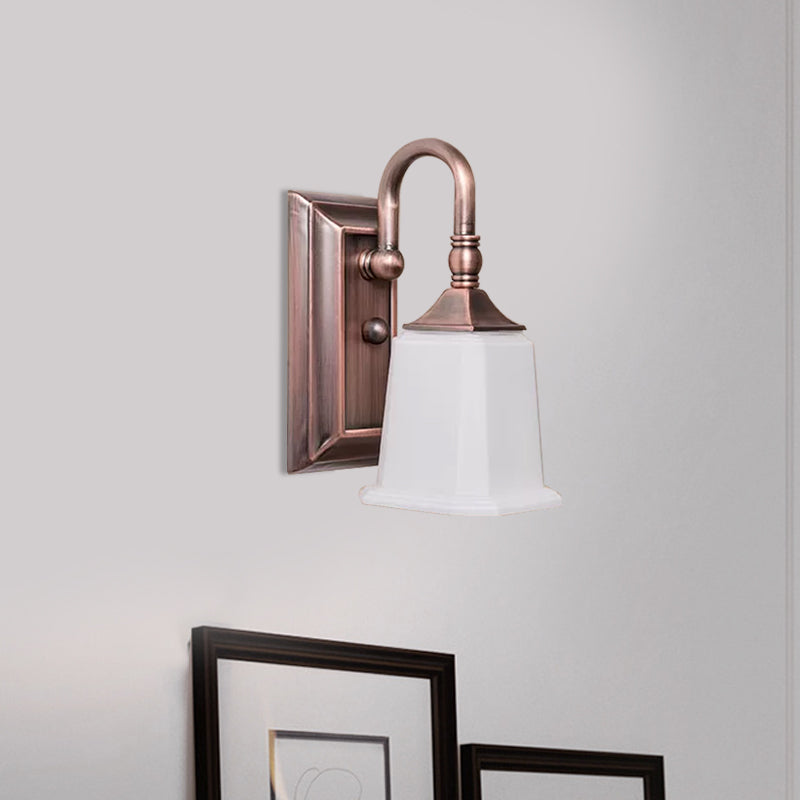 Retro Flared Wall Sconce Lighting 1-Head Cream Glass Wall Light Fixture in Copper with Gooseneck Arm