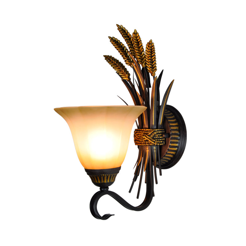Milk Glass Brass Sconce Lamp Flared 1 Head Traditionalism Wall Mounted Light with Wheat Spike Decor