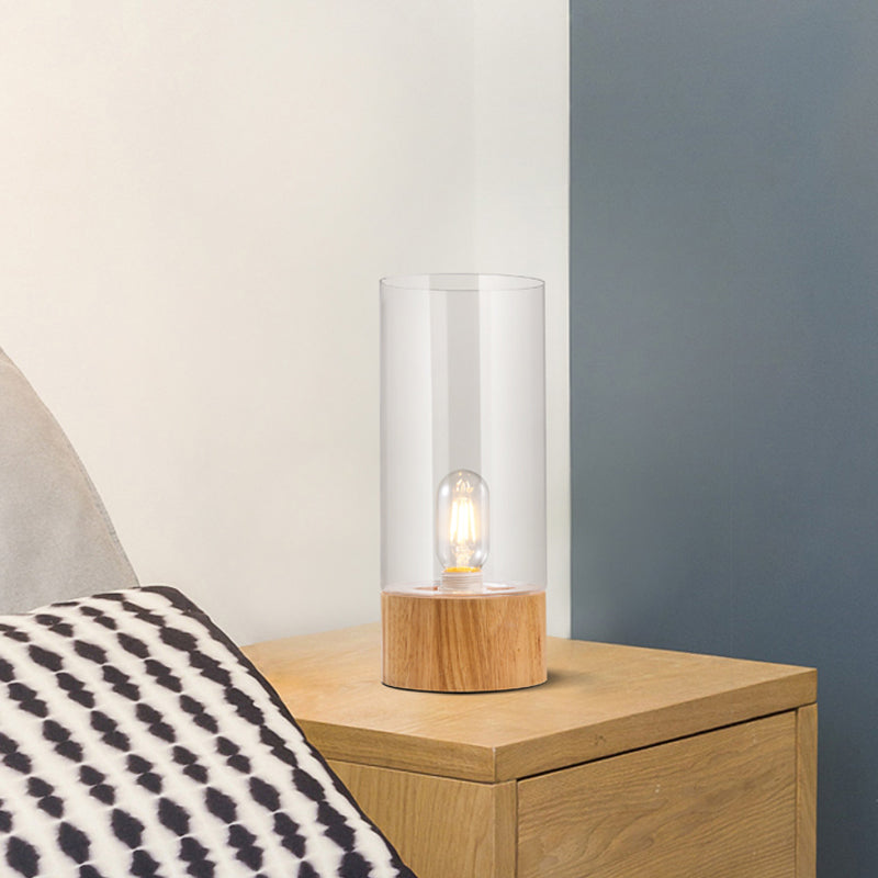 1 Cylindre de tête de nuit table de table de lampe de lampe de nuit transparente en verre clair avec base en bois