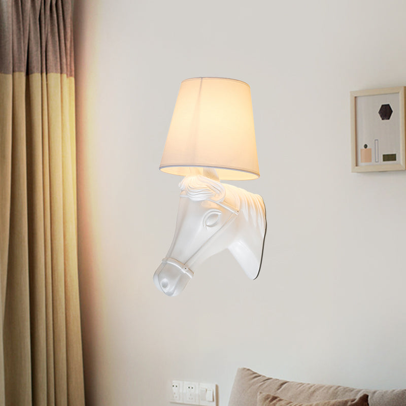 Antique Barrel Sconce Wall Light 1 Bulb Fabric Wall Lamp Shade in White with Resin Horse Head Design