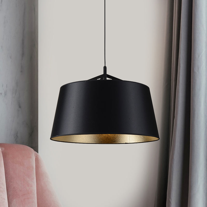 1-Bulb Hanging Light Kit Rural Dining Room Suspension Pendant with Tapered Drum Fabric Shade in Black, 16.5"/23.5" Wide