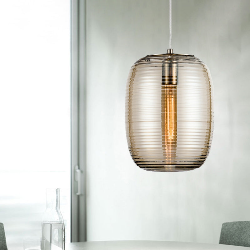 Simple Cylindrical Hanging Light Cognac Wavy Glass Single Dining Room Drop Pendant