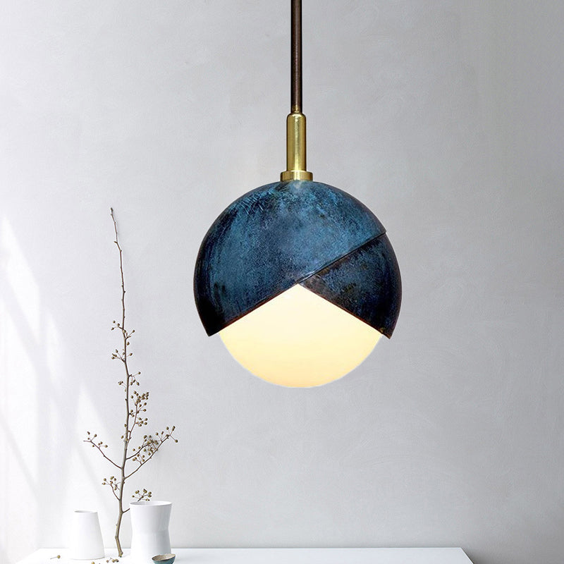 Milk Verre Mini Globe Pendant Light Vintage 1 Light Hanging Plafond Light With Blue Double Dome Cap