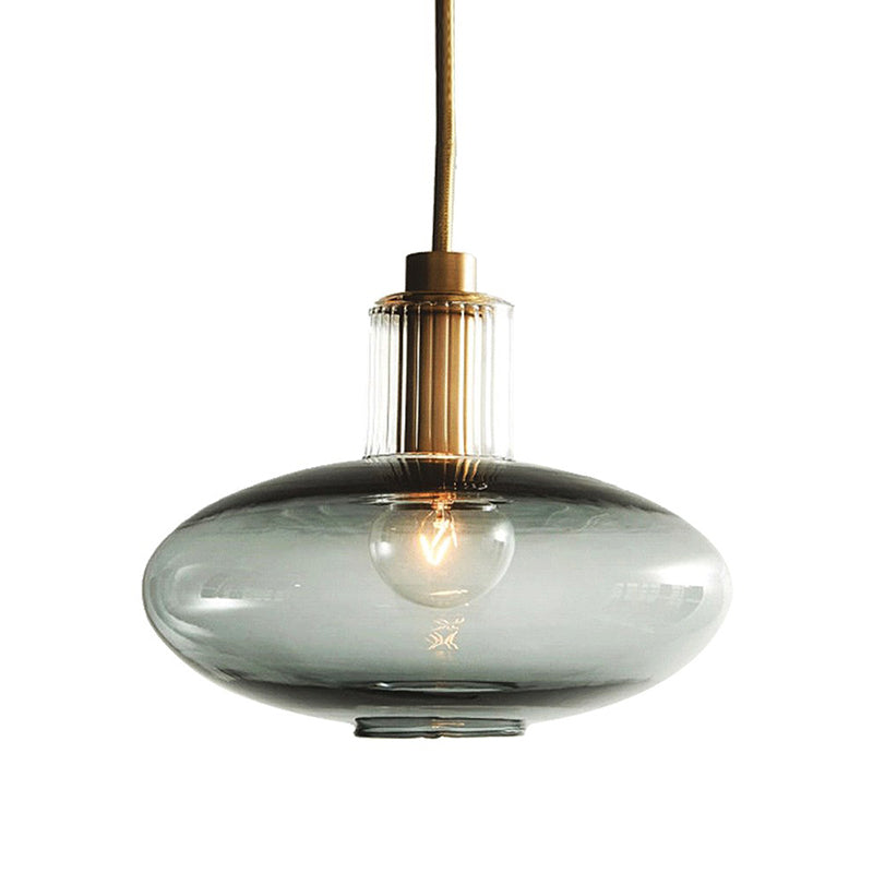 Oval Hanging Light Fixture Mid Century Blue Open Glass 1 Bulb Dining Room Pendant Lighting with Brass Cork