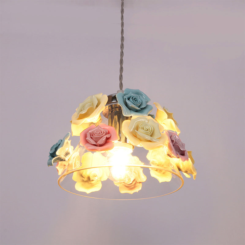 Transparant glas conische hangende lamp Modernistisch 1-licht plafond hanglamp met blauw-roze gele bloemdecor