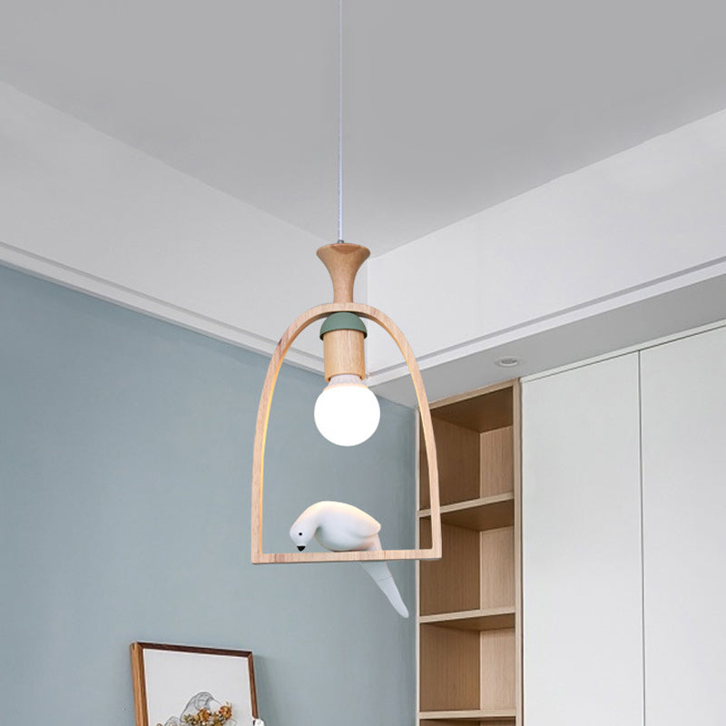 Single Dinette Hanging Pendant Nordic Green/White Ceiling Light with Arch Wood Frame and Bird Decoration