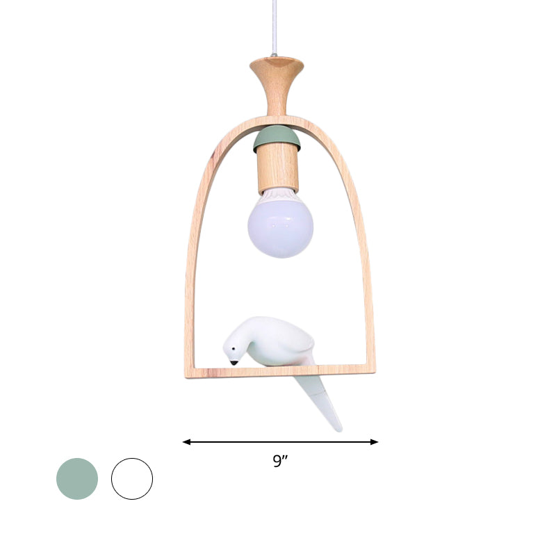 Single Dinette Hanging Pendant Nordic Green/White Ceiling Light with Arch Wood Frame and Bird Decoration