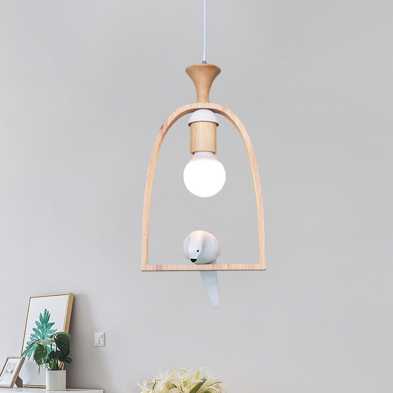 Single Dinette Hanging Pendant Nordic Green/White Ceiling Light with Arch Wood Frame and Bird Decoration