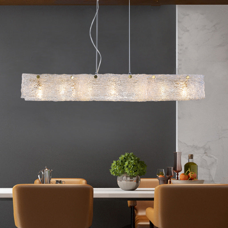 Elongated Rectangle Dinette Drop Pendant Transparent Crackle Glass 9-Light Modern Island Light in Gold