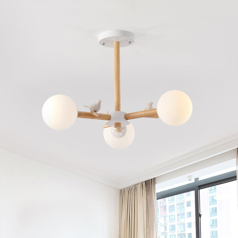 Radial Ceiling Mount Chandelier Nordic Wood 3/6-Bulb Bedroom Semi Mount Lighting with White Glass Shade and Bird Decor