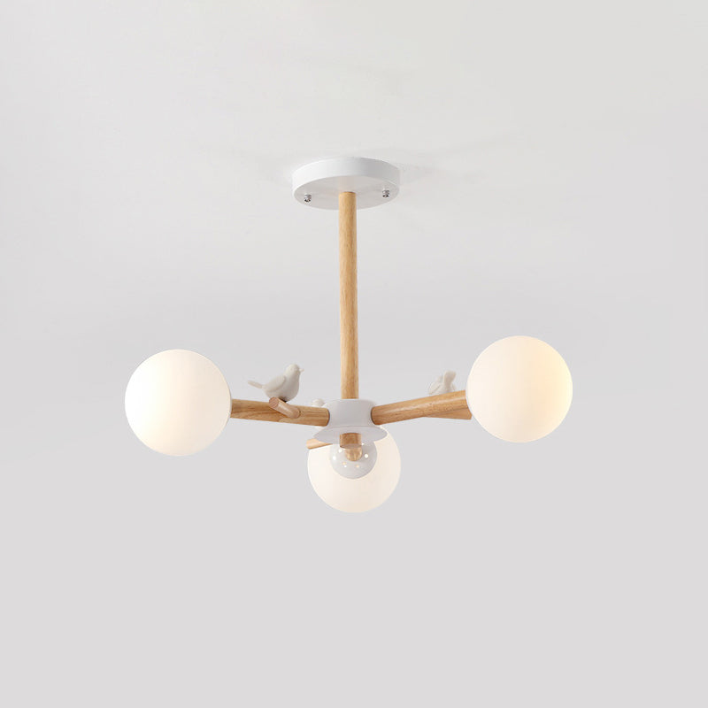 Radial Ceiling Mount Chandelier Nordic Wood 3/6-Bulb Bedroom Semi Mount Lighting with White Glass Shade and Bird Decor