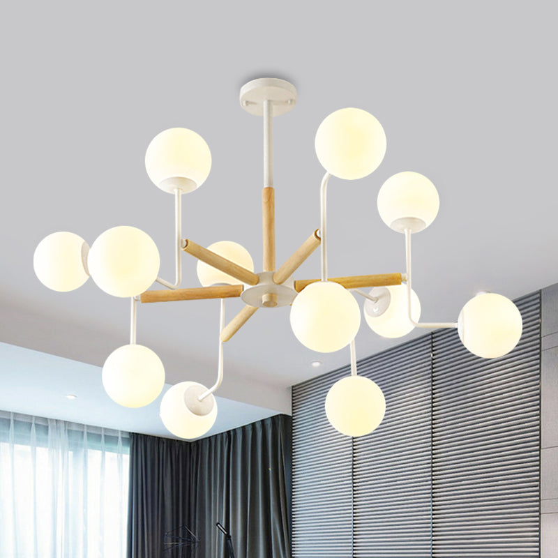 Nordic Starburst Wood Ceiling Mount Light 12 Heads Semi Flush Chandelier in Weiß mit Ball Milky Glas Shade
