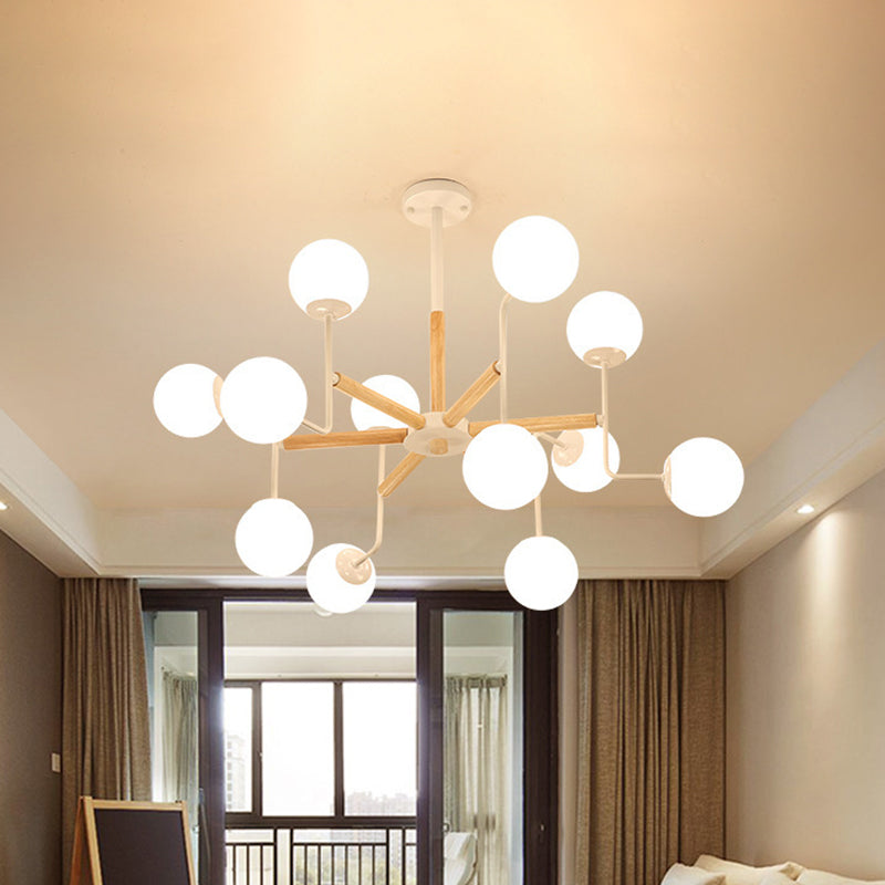 Nordic Starburst Wood Ceiling Mount Light 12 Heads Semi Flush Chandelier in Weiß mit Ball Milky Glas Shade