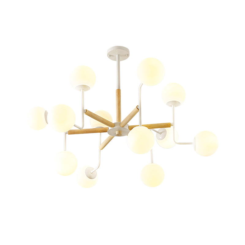 Nordic Starburst Wood Ceiling Mount Light 12 Heads Semi Flush Chandelier in Weiß mit Ball Milky Glas Shade