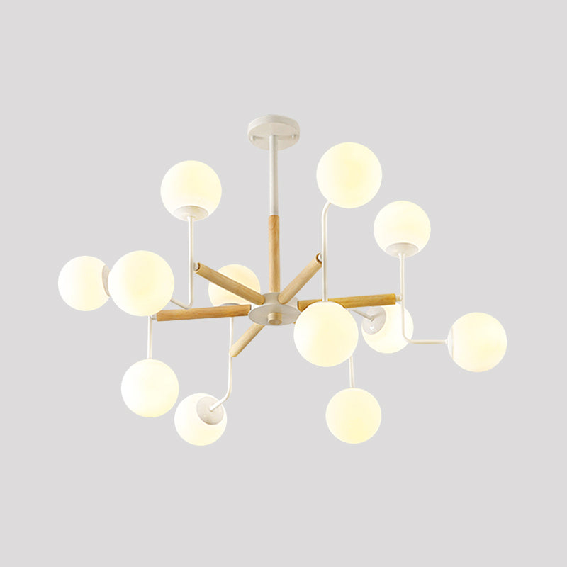 Nordic Starburst Wood Ceiling Mount Light 12 Heads Semi Flush Chandelier in Weiß mit Ball Milky Glas Shade