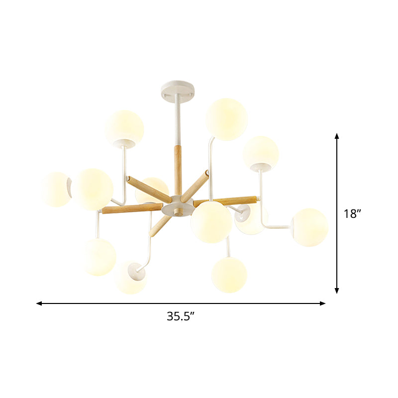 Nordic Starburst Wood Ceiling Mount Light 12 Heads Semi Flush Chandelier in Weiß mit Ball Milky Glas Shade