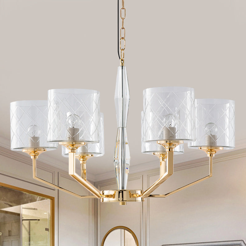 Clear Lattice Glass Pillar Chandelier Mid Century 6 Lights Gold Hanging Pendant for Bedroom