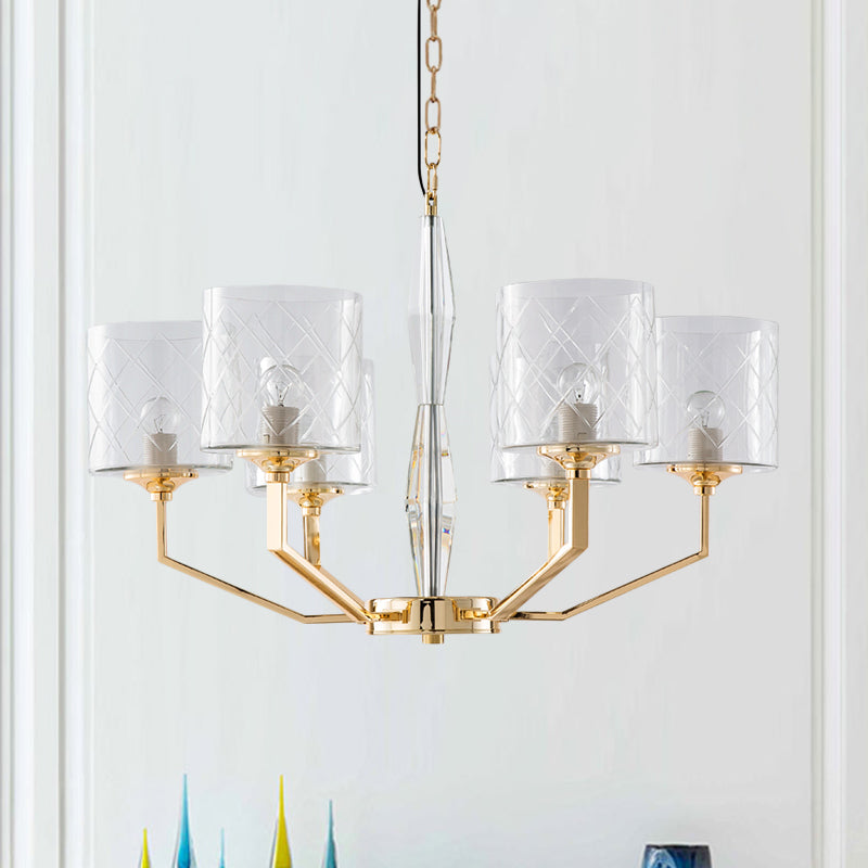 Clear Lattice Glass Pillar Chandelier Mid Century 6 Lights Gold Hanging Pendant for Bedroom