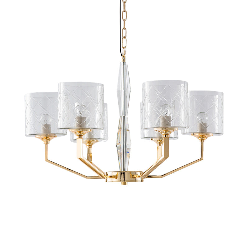 Clear Lattice Glass Pillar Chandelier Mid Century 6 Lights Gold Hanging Pendant for Bedroom