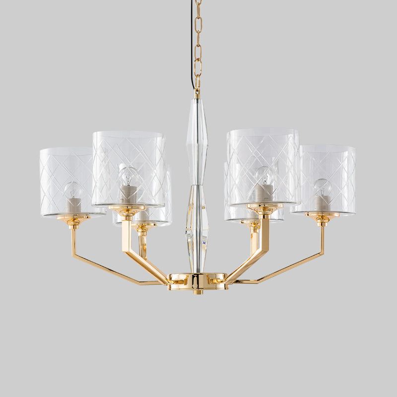 Clear Lattice Glass Pillar Chandelier Mid Century 6 Lights Gold Hanging Pendant for Bedroom
