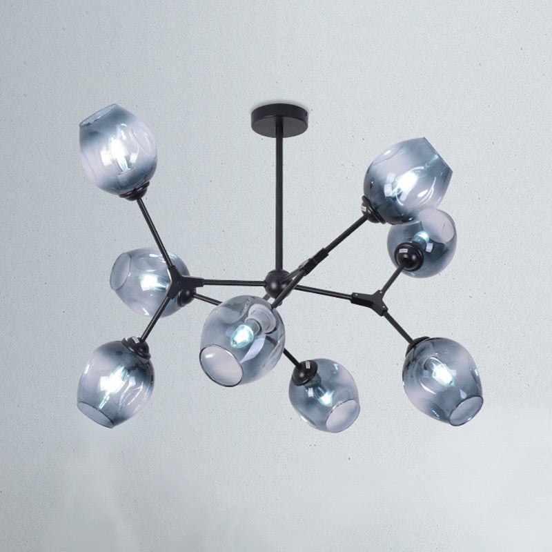 Degradado de cristal azul ramificado de semi-ras Modernismo 8-Cabeza de montaje de techo de montaje de Candelabro para sala de estar