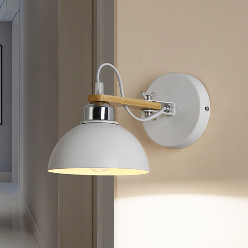 1 Light Bowl Shaped Wall Sconce Simple Style White Metallic and Wood Wall Lighting Fixture for Bedroom