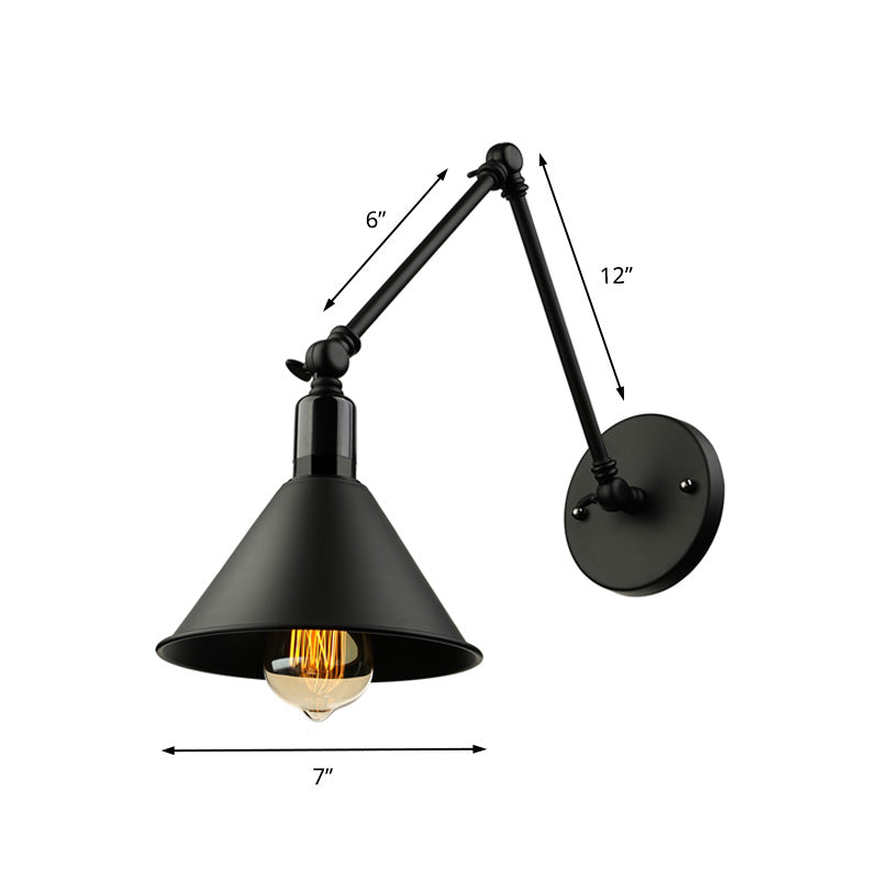 1 Kopfwandlampe mit konischer Schatten und Schwung Arm Metallic Loft Style Innenleuchte in Schwarz/Weiß