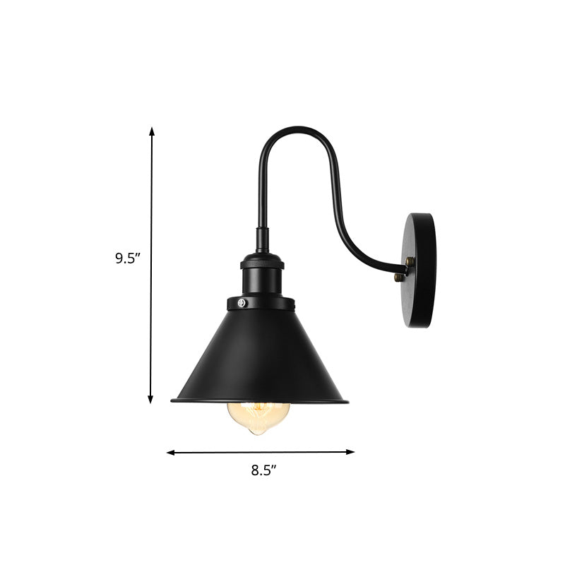 Gooseneck Metallic Wall Sconce with Cone Shade Vintage 1 Light Corridor Wall Mount Fixture in Black