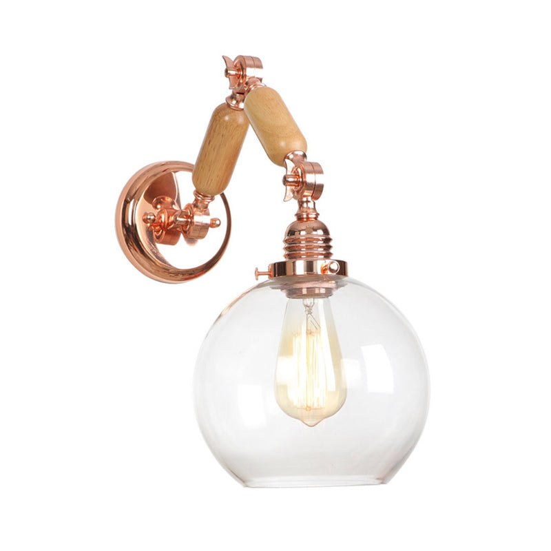 1 Bulb Globe Wall Mounted Light Fixture Rustic Rose Gold Clear Glass Lighting with Extendable Arm