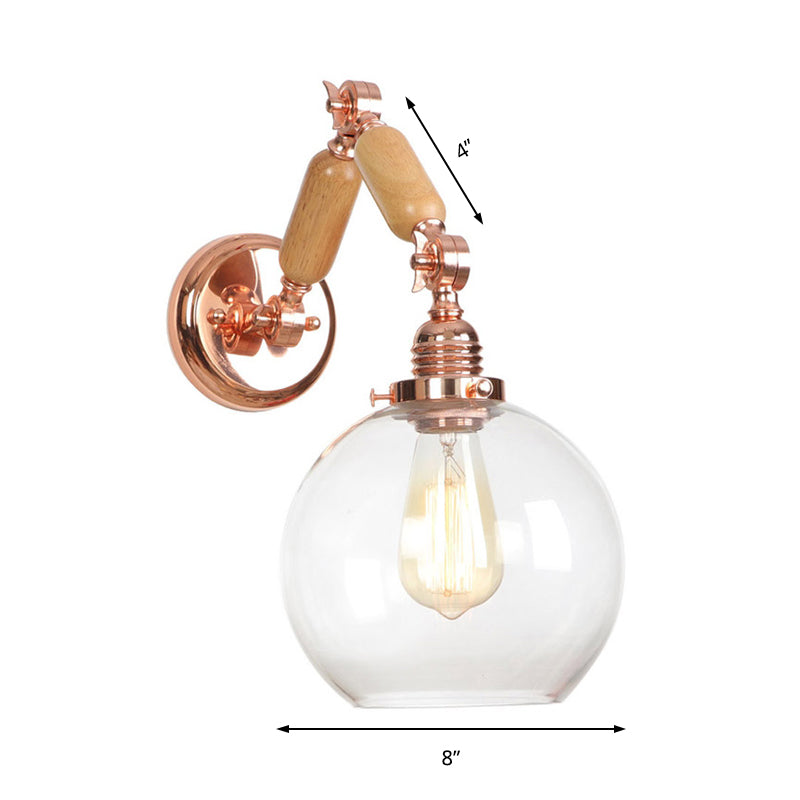 1 Bulb Globe Wall Mounted Light Fixture Rustic Rose Gold Clear Glass Lighting with Extendable Arm
