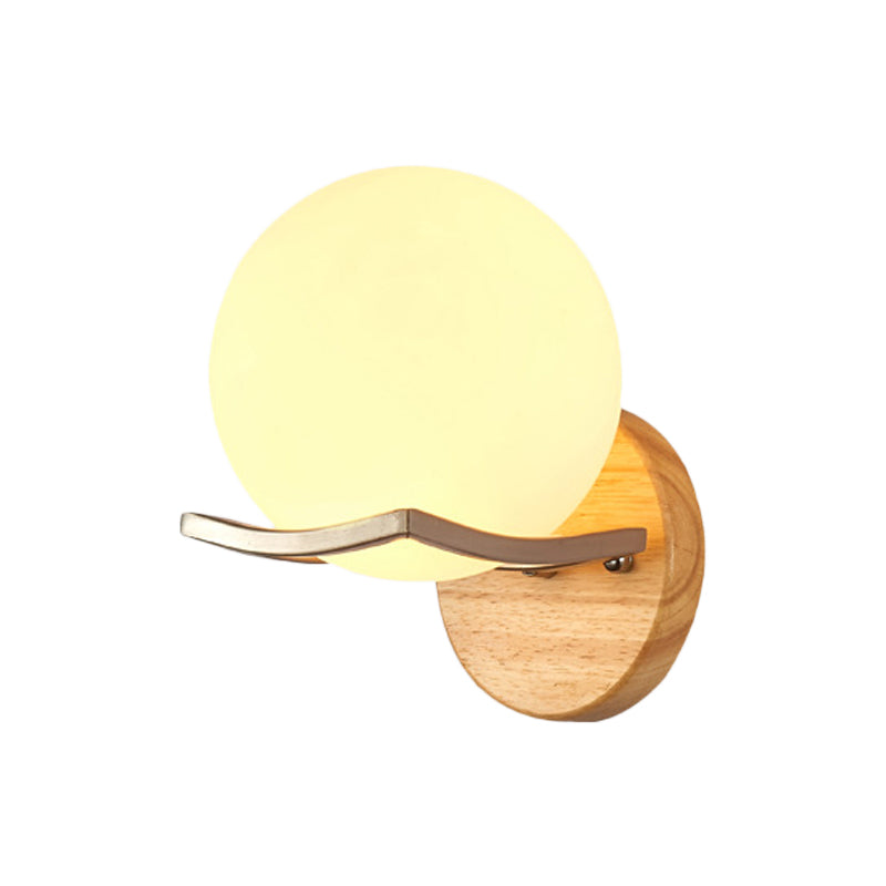 Globe Bedroom Wall Light Fixture Nordic Opal Glass Single Light Wood Sconce Lamp