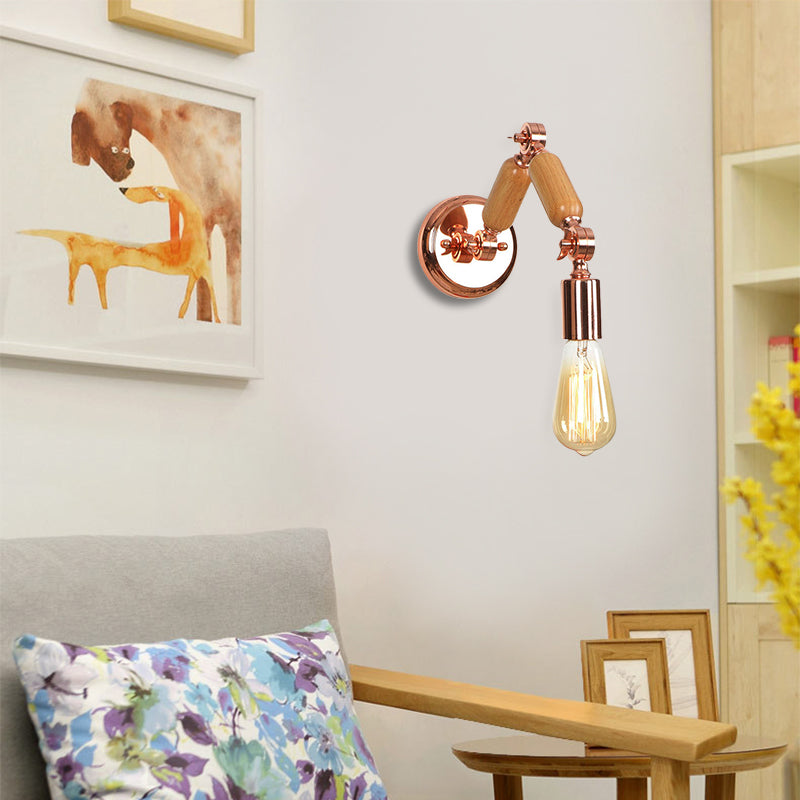 Iluminación de apliques armado de madera con bulbo desnudo de metal industrial 1 cabezal de la sala de estar luz de pared en oro rosa