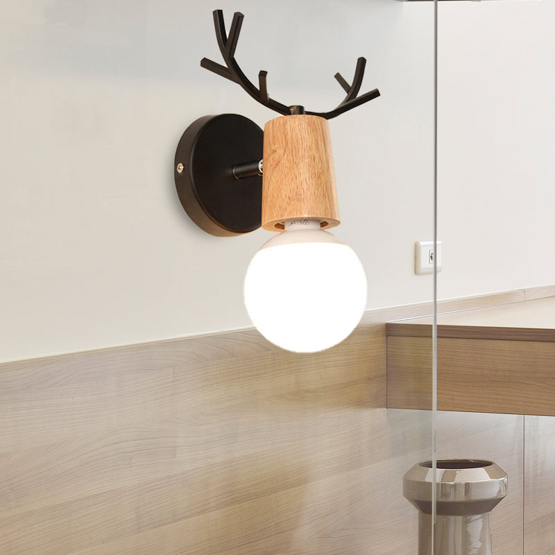 1 Light Bare Bulb Sconce Lamp Modern Style Black/White Finish Metal and Wood Wall Lighting with Deer Horn