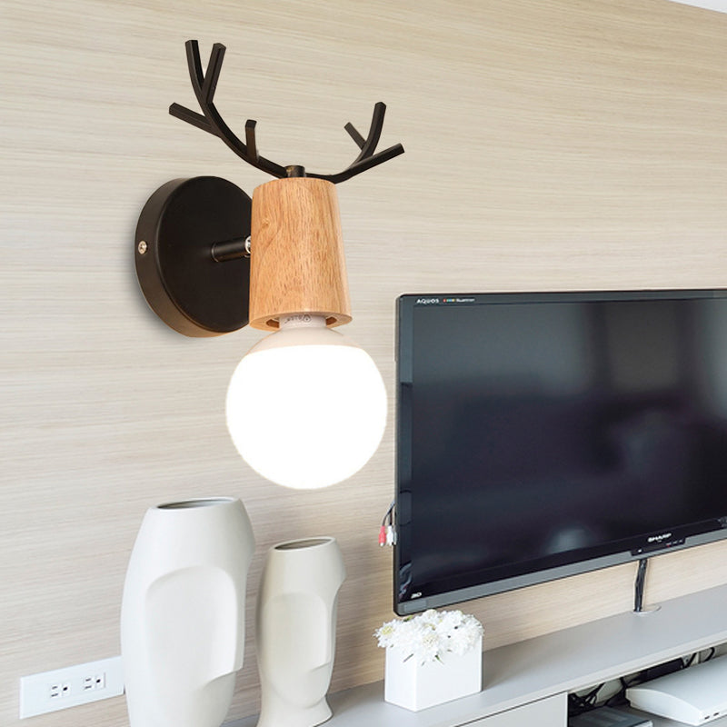 1 Light Bare Bulb Sconce Lamp Modern Style Black/White Finish Metal and Wood Wall Lighting with Deer Horn